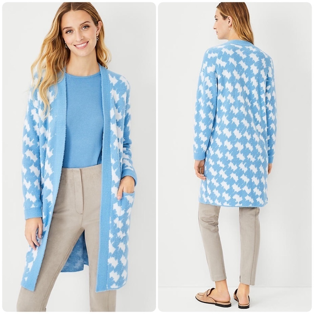 ANN TAYLOR Blue & White Houndstooth Jacquard Coatigan Women's Sweater Size XS